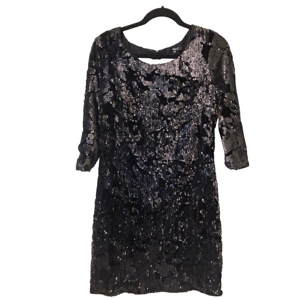 Women's Kate C. Black Sequin Dress Med Open Back 3/4 Sleeve Stretchy Lined Short
